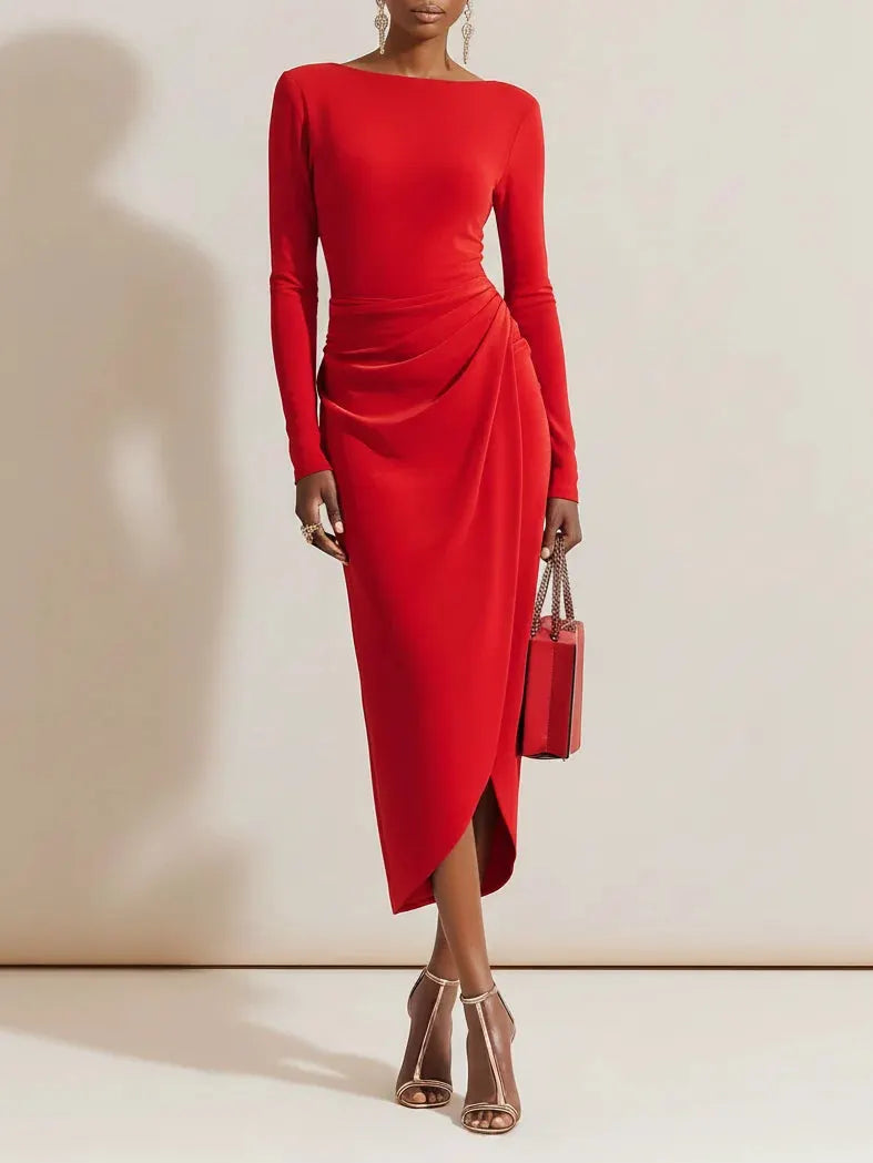 Red Asymmetric Ruched Knit Boat Neck Long Sleeve Sheath Midi Dress