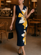 Navy Blue V-Neck Sleeveless Dress with Floral Print