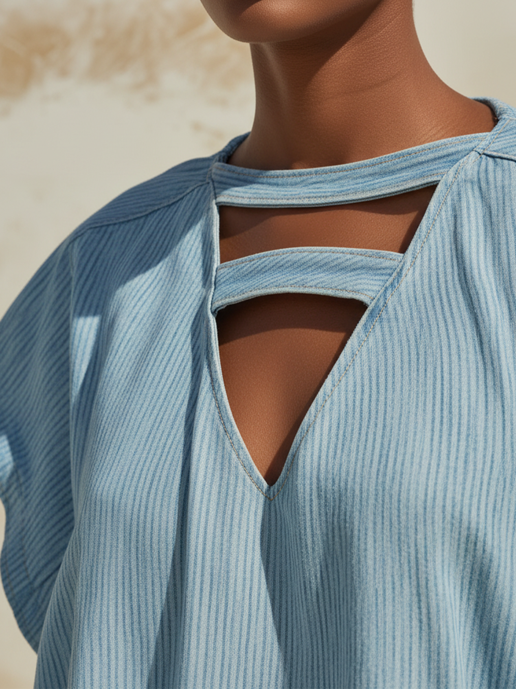 Light Blue Denim Cutout Neckline Loose Midi Dress