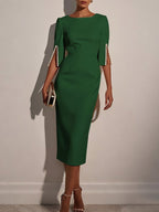 Purplish blue Faux Pearl Classic Crew Neck Half Sleeve Sheath Midi Dress