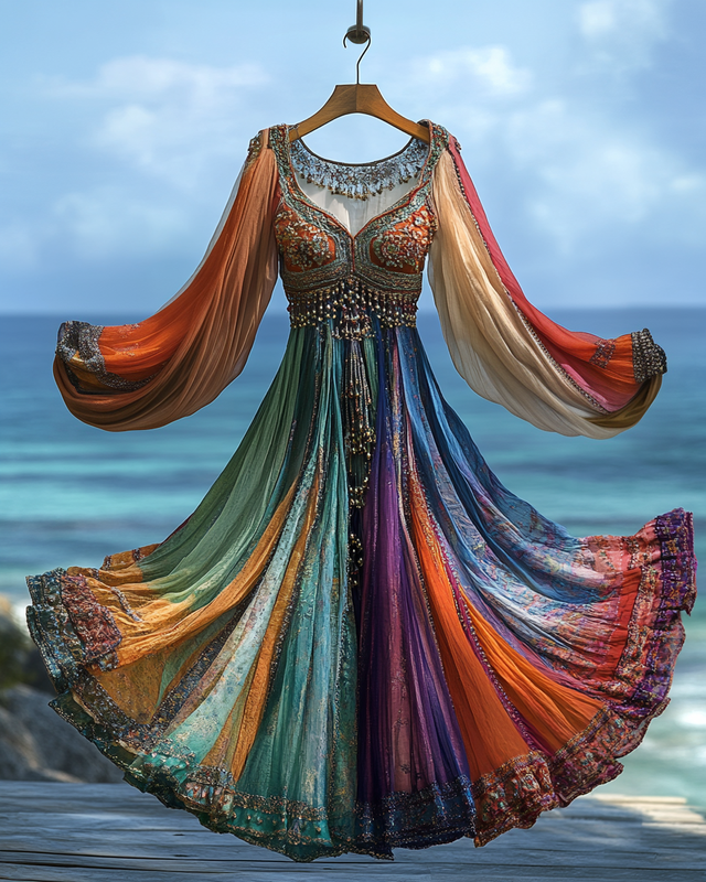 Elegant contrast color vacation rainbow maxi dress ae2d