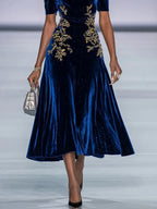 Deep Blue Applique Gathered Velvet Off The Shoulder Half Sleeve A-Line Midi Dress