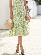 Midi Linen Dress , Cap Sleeves, V Neck, Floral, Lace, French Vintage, Green