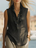 Casual Linen And Cotton Ruffle-collar Sleeveless Top