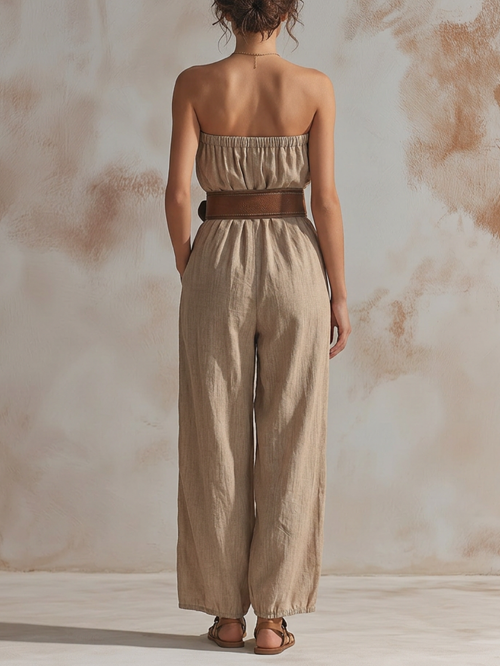 Strapless Linen Belted Wide-Leg Jumpsuit