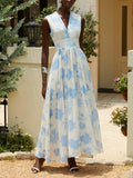 Light Blue Floral Chiffon V Neck Sleeveless A-Line Maxi Dress
