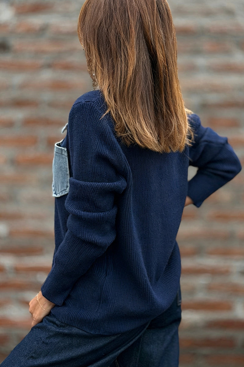 Women's Collar Denim Patchwork Casual Knit Jacket