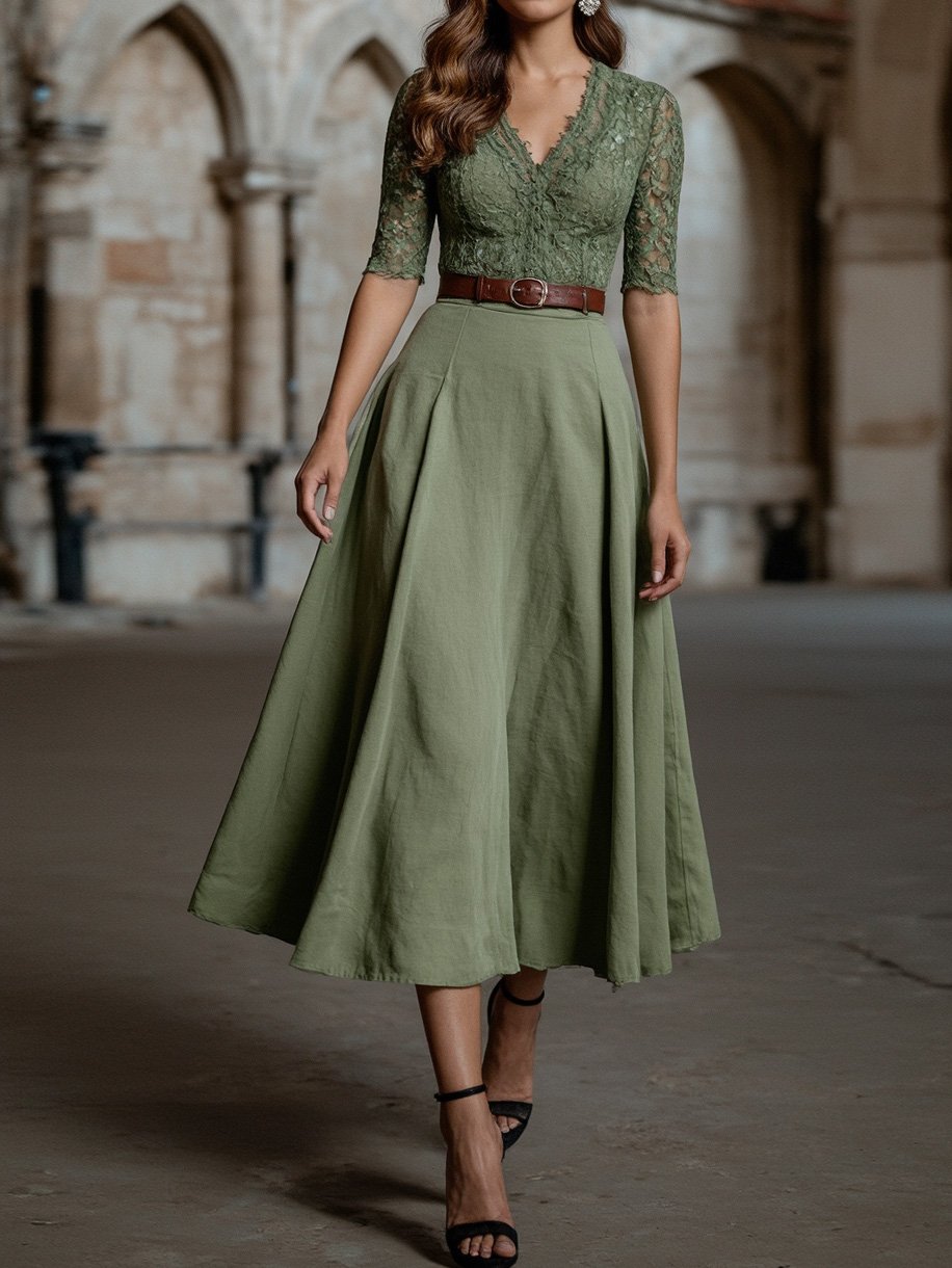 Midi Linen Dress , Half Sleeve, V Neck, Plain, Lace, Vintage, Army Green