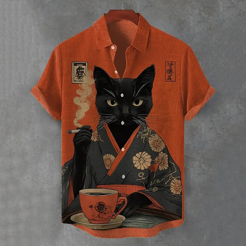 Men's Retro Black Cat Cigarette Japanese Illustration Print Short Sleeve Shirt