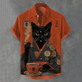 Men's Retro Black Cat Cigarette Japanese Illustration Print Short Sleeve Shirt