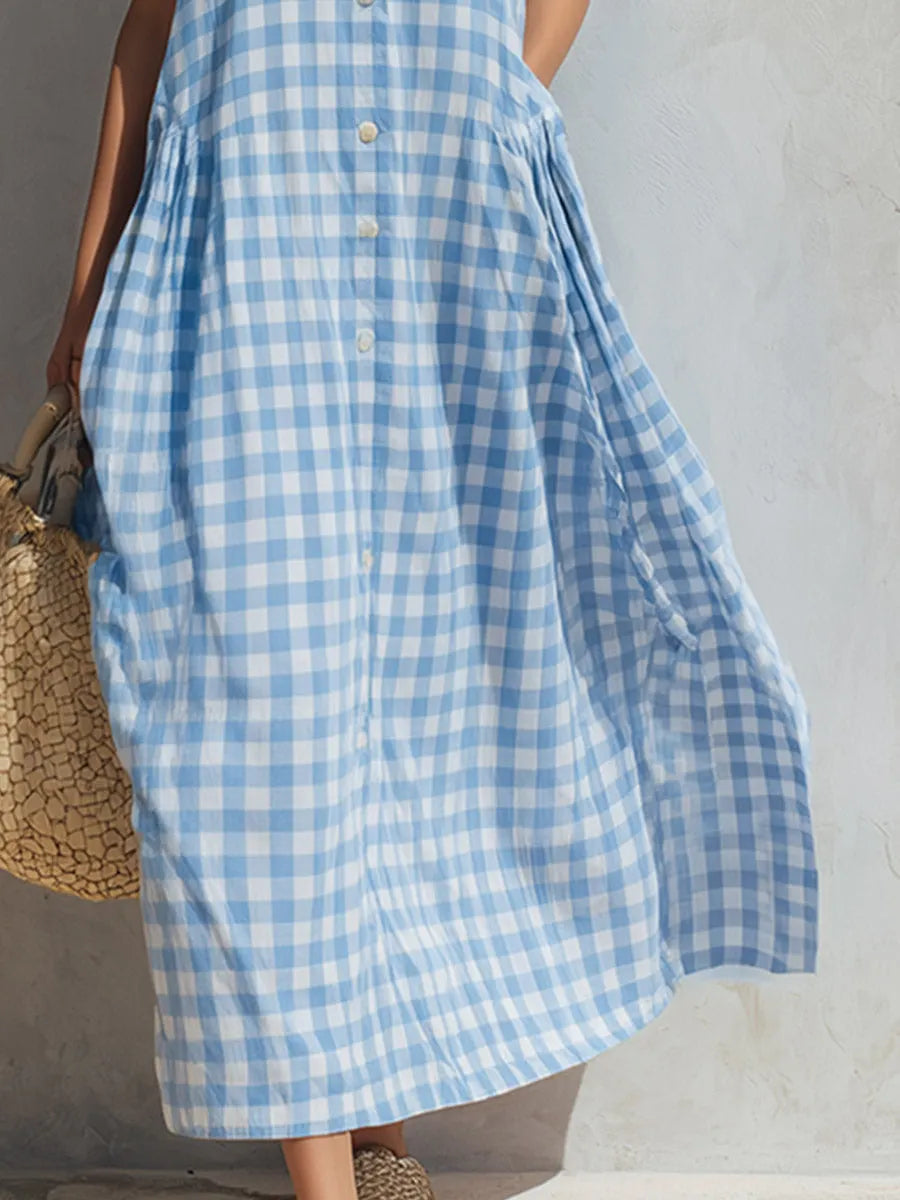 Chic Urban Blue Yarn-Dyed Plaid Lapel Sleeveless Maxi Dress