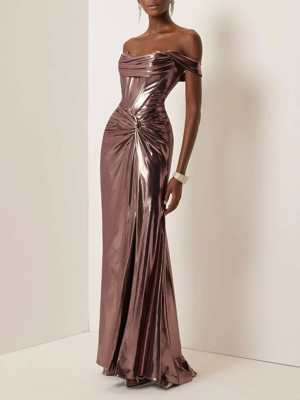 Dark Rose Glod Metallic Ruched Satin Off The Shoulder Sleeveless Sheath Corset Maxi Dress