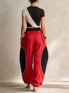 Dual-Waistband Red & Black Colorblock Baggy Cargo Pants