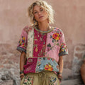 Women's Vintage Bohemian Floral Embroidery Art Round Neck Linen Blend T-shirt