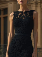 Black Lace Split Joint Classic Boat Neck Sleeveless Mermaid Gown Dress
