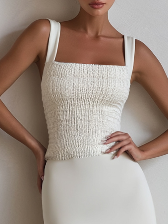 Off White Ruched Split Joint Knit Spaghetti Sleeveless Sheath Maxi Dress