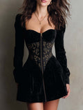 Black Velvet Corset Mini Dress With Gold Print