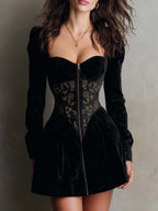Black Velvet Corset Mini Dress With Gold Print