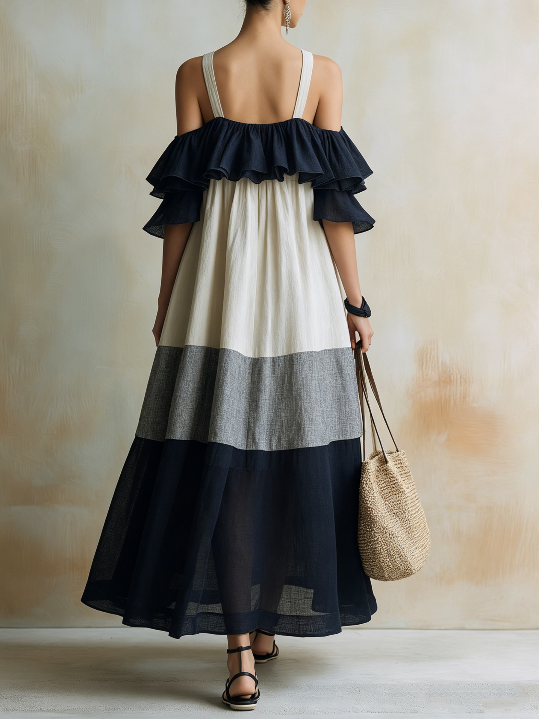 Cold Shoulder Ruffle Tiered Linen Maxi Dress | Color Block Boho Summer Gown