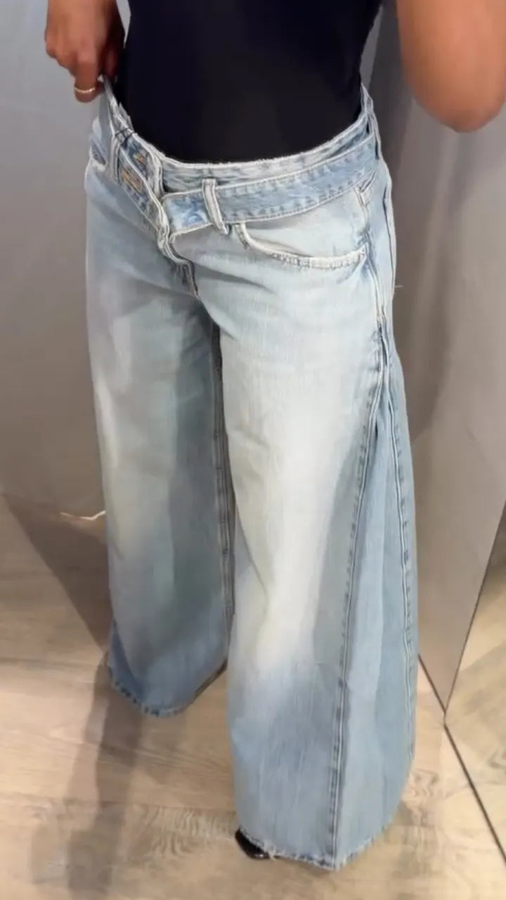 Wash Asymmetrical Waist Wide Leg Jeans