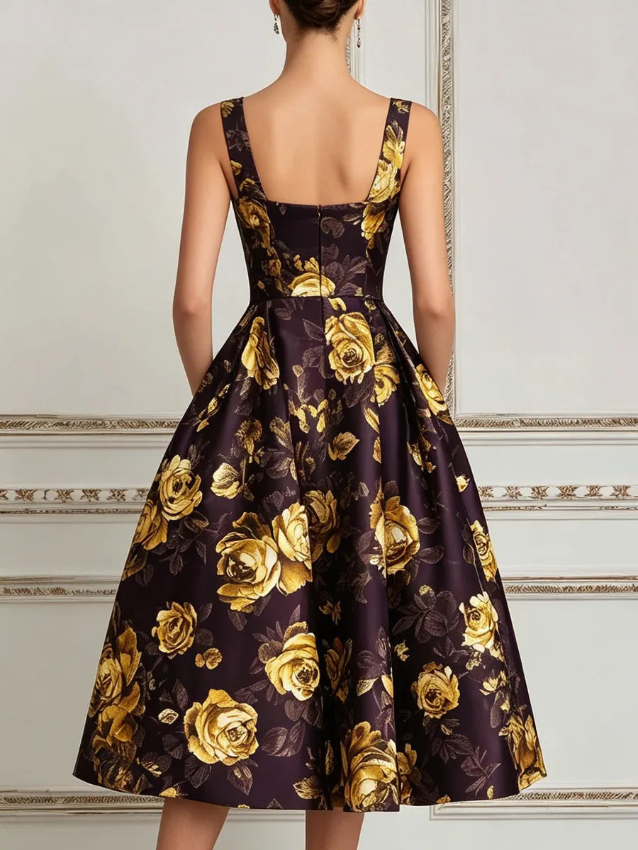 Dark Purple & Gold Rose Print A-Line Midi Dress