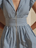 Blue & White Striped Ruffle Sleeve Zip-Front Mini Dress