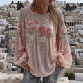 Women's Boho Pink Rose Embroidered Art Crew Neck T-shirt