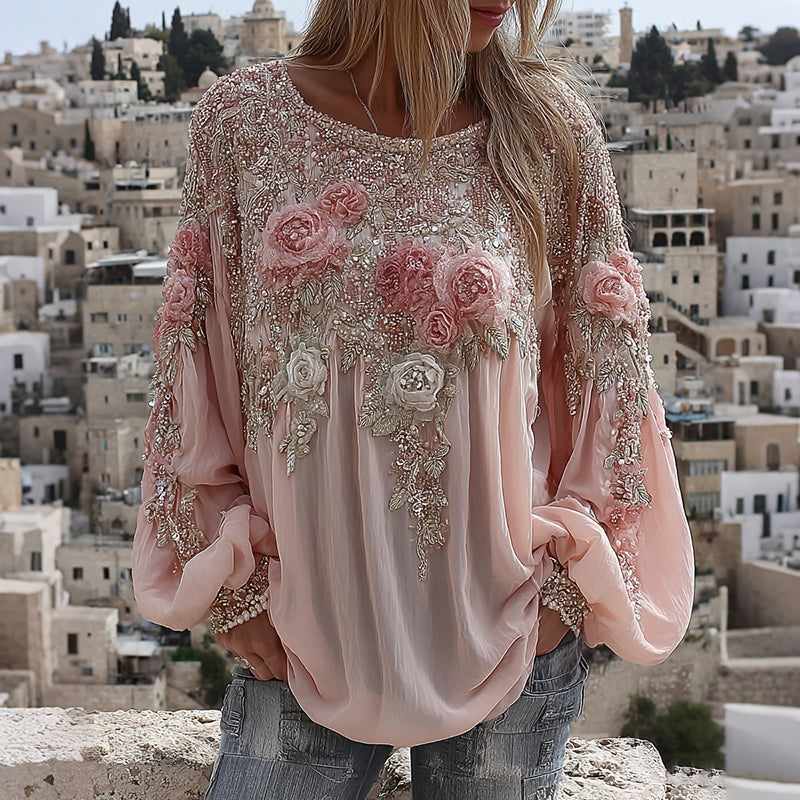 Women's Boho Pink Rose Embroidered Art Crew Neck T-shirt