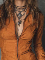 Rust Orange Washed Cotton Zip-Up Blouse With Flared Sleeves