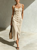 Beige Striped Front-Button Midi Dress (Adjustable Straps)