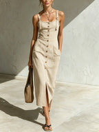Beige Striped Front-Button Midi Dress (Adjustable Straps)