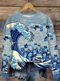 Women's Blue Waves&Cats Printed Sweatshirt