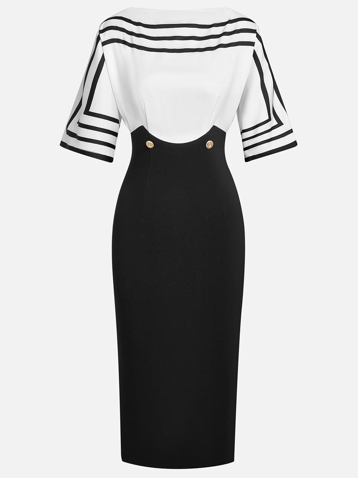Black White Striped Boat Neck Half Sleeve Sheath Midi Satin Dress