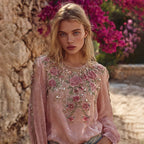 Vintage Boho Pink Roses Embroidered Flowy Linen Crew Neck Tunic
