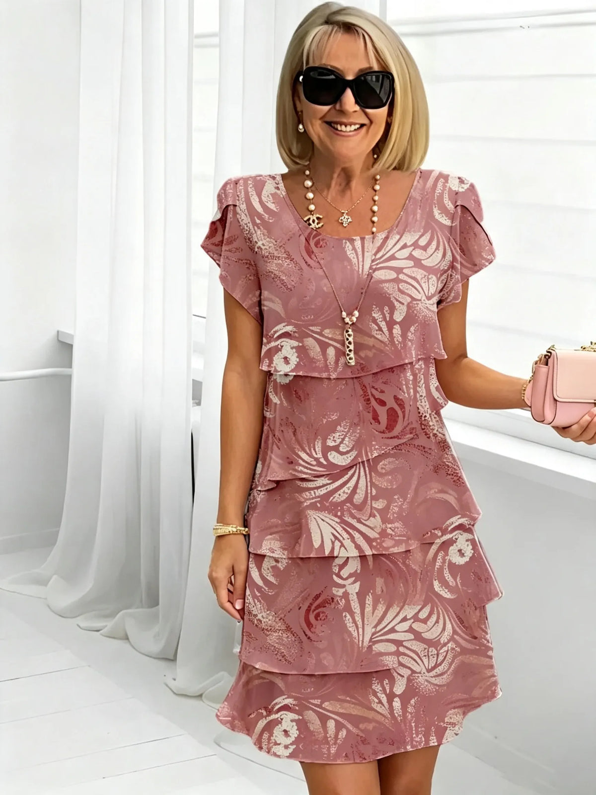 Women's Floral Print Tiered Chiffon Dress, Short Flutter Sleeve Loose Multi-Layer Tummy Covering Shift Dress, Casual Summer Flowy Dress for Daily Vacation Beach