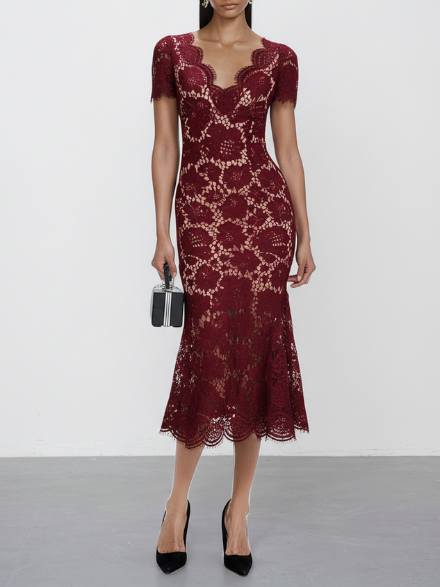 Black Lace Edge Cotton V Neck Short Sleeve Mermaid Midi Dress