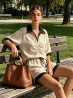 Beige Linen-Blend Contrast Trim Ruched Top & Drawstring Shorts Two-Piece Set