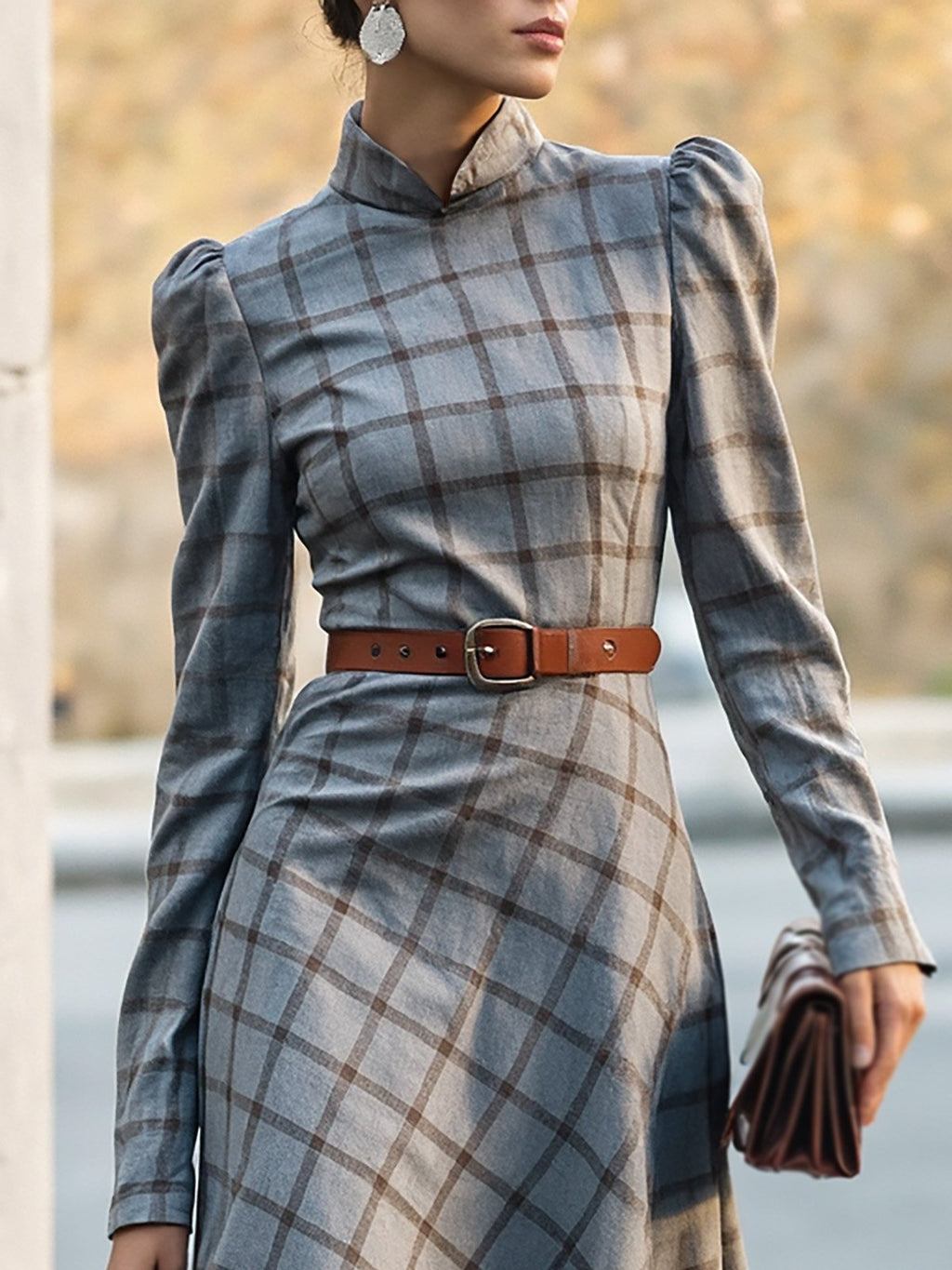 Midi Linen Dress, Long Sleeves, Stand Collar, Plaid, Belt Design, Vintage, Gray
