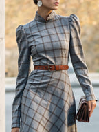 Midi Linen Dress, Long Sleeves, Stand Collar, Plaid, Belt Design, Vintage, Gray