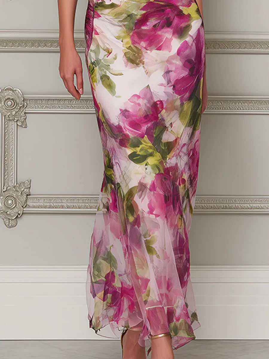 Enchanted Garden Ruched Cowl-Neck Trumpet Dress