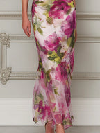 Enchanted Garden Ruched Cowl-Neck Trumpet Dress