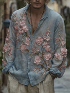 Men's Vintage Cherry Blossom Embroidered Flowy Linen Shirt