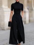 Minimalist Black Turtleneck Top & Wide-Leg Pants Co-ord Set