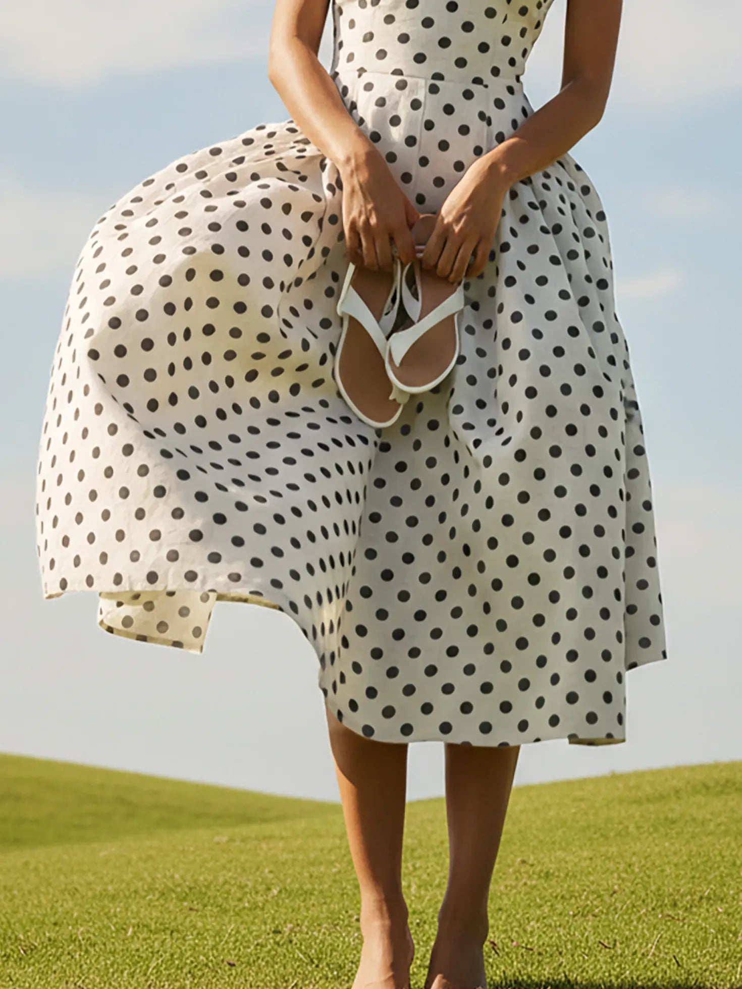 Midi Linen Dress, Sleeveless, V Neck, Polka Dots, French Vintage, White