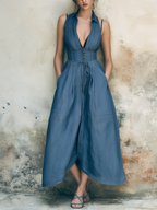 Tencel Denim Sleeveless Corset Waist Midi Dress