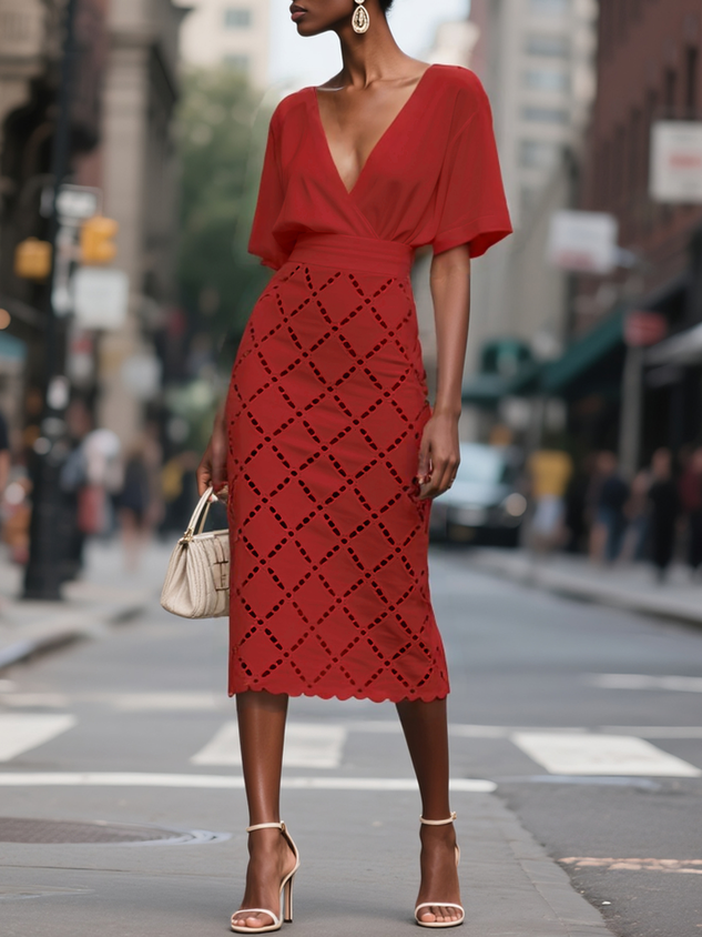 White Hollow Out Plaid Classic V Neck Short Sleeve Sheath Midi Dress