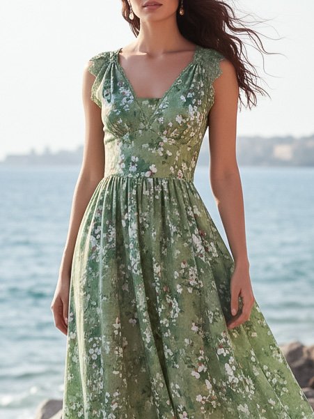 Maxi Linen Dress, Sleeveless, V Neck, Floral, Lace, Vacation, Vintage, Green