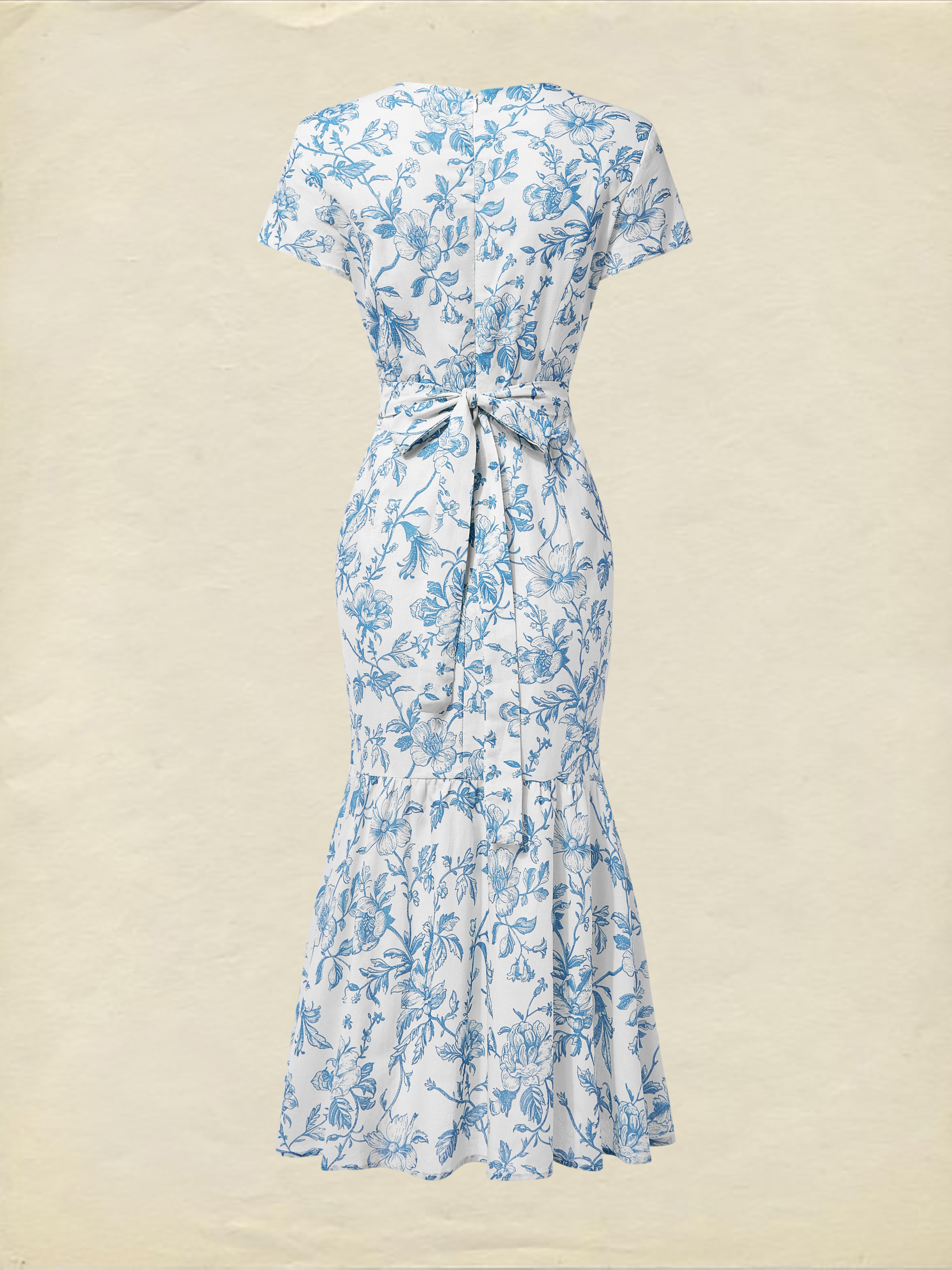 Midi Linen Dress, Short Sleeves, Sweetheart Neck, Floral, Ruffles, Vintage, Blue