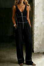 Women‘s Fashion Casual Sleeveless Zipper Stitching Denim Jumpsuit