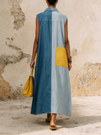 Oversized Color-Block Denim Sleeveless Maxi Shirt Dress With Statement Pockets